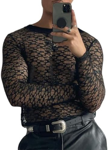 ORANDESIGNE Hombres Sexy Slim Fit Camiseta de Manga Larga Stretchy Empalme Impresión Camisa Slim Fit Jersey Ligero Tigh Fit Recorte Blusa I Negro XS
