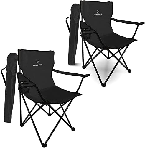 Green Haven Folding Camping Chair - Black Lightweight Picnic Chair w/Cup Holder, 600D Polyester & Rip Stop, Heavy Duty Steel Frame Arm Portable Comfy for Outdoor Camping