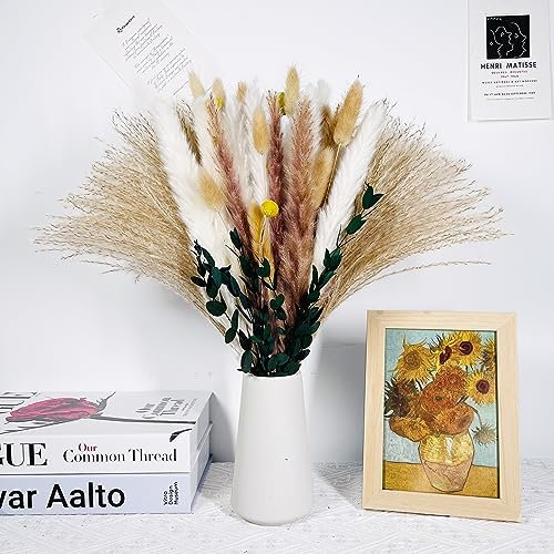 Fiori Secchi Naturali Decorativi,Erba di Pampa Essiccata Naturale,Piume Decorative,Composizione Bouquet Fiori Secchi per la Decorazione Della Casa di Fiori (65 Piezas)