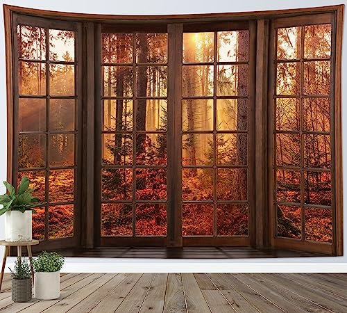 LB Wandteppich Herbstwald Wandtuch Sonnenschein durch Herbstbäume aus braunem Fenster Wandbehang Naturlandschaft Tapisserie für Wohnzimmer Schlafzimmer Wohnheim Wanddeko,200x150cm