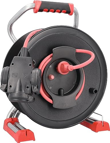 as - Schwabe Gerätekabeltrommel 40 m H07RN-F 3G2,5 rot, 3-fach-Kupplung, IP44 Außenbereich, 1,5 m Anschlussleitung, Thermoschutz, Made in Germany