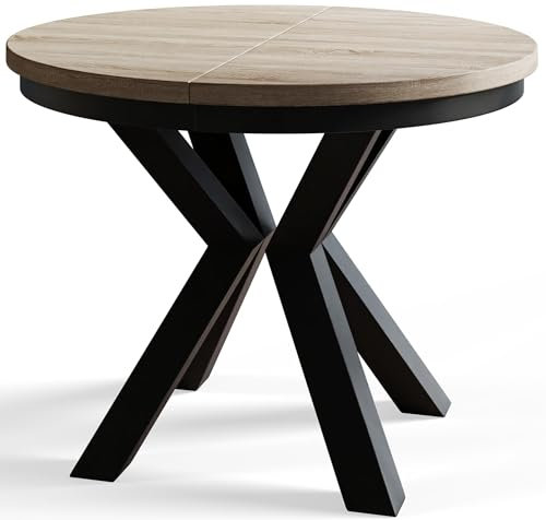 AlpiMeble Runder Esszimmertisch LOFT, ausziehbarer Tisch Durchmesser: 120 cm/200 cm, Wohnzimmertisch Farbe: Beige, mit Metallbeinen in Farbe Schwarz