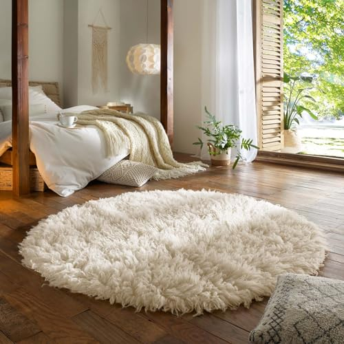 Taracarpet Teppich Wollteppich Flokati Diana aus Schurwolle, Schafwollteppich Hochflor Langflor fürs Wohnzimmer Schlafzimmer Esszimmer Weiss beige Creme 100 cm rund