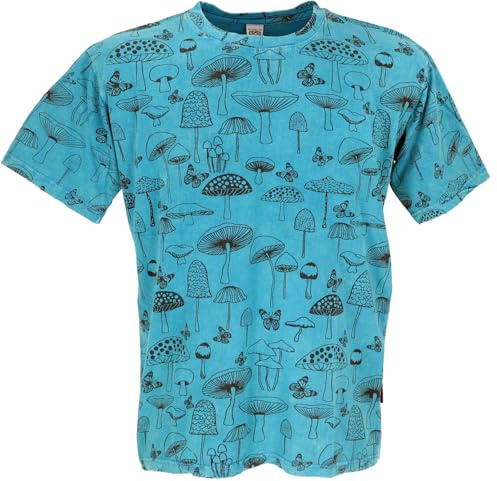 Tibet & Buddhist Art T-Shirt, Pilz Stonewash Baumwolle, Herren, gelb | Baumwolle, handbedruckt, all-over Siebdruck, normaler Schnitt, bequem