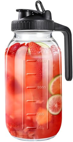 Pichet en verre de 1,8 l avec couvercle, pichet Mason Jar de 2 litres avec couvercle et bec verseur, carafe à large ouverture pour lait maternel, pichet en verre, pichet à thé solaire, pichet pour