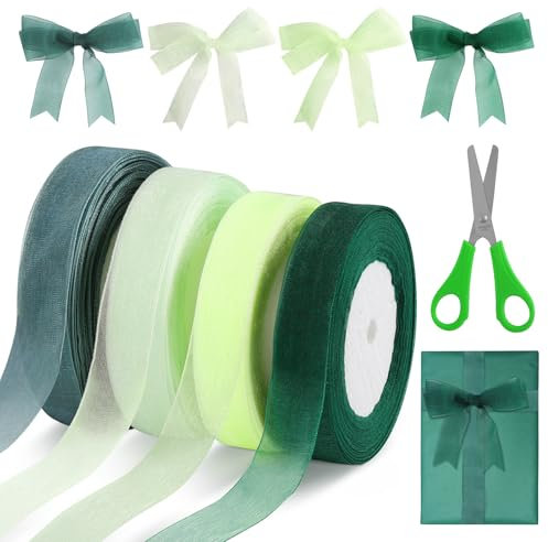 4 Stück Organzaband Grün, 45m x 2cm Breit Chiffon Geschenkbänder mit 1 Schere, Transparentes Organza Bänder, Schleifenband für Handgemachtes Heimwerken, Geschenkverpackung, Hochzeitsdekoration