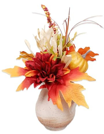 BestAlice Fiori Artificiali Autunnali con Vaso, Bouquet di Fiori Arancioni in Seta Finti con Vaso in Ceramica Composizione di Fiori di Seta Fiori Autunnali con Stelo per la
