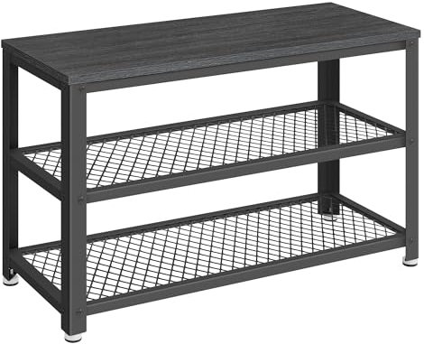 VASAGLE Schuhbank, Schuhregal mit 2 Gitterablagen, Aufbewahrung für Schuhe, 30 x 73 x 45 cm, für Eingangsbereich, Flur, Wohnzimmer, Metallgestell, Industrie-Design, ebenholzschwarz-schwarz LBS073B06