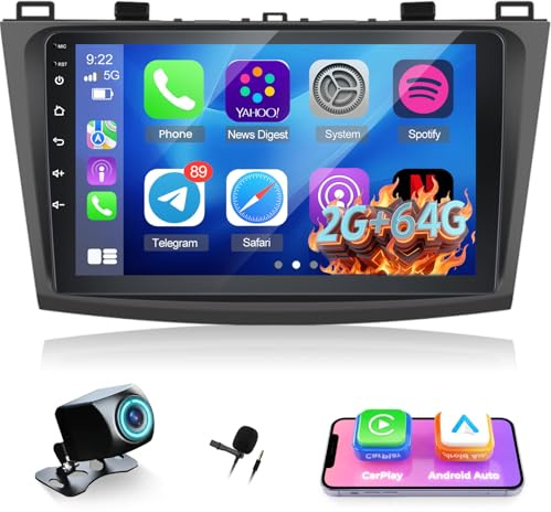 NHOPEEW Autoradio für Mazda 3 2009-2013 mit kabellosem Carplay & Android Auto - Android Autoradio mit WiFi GPS Lenkradsteuerung EQ Split Screen + Rückfahrkamera & Mikrofon