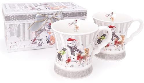 Christmas Concepts® Gama de vajilla de cerámica de lujo Snowman & Friends: 2 tazas de 9 oz con caja de regalo decorativa a juego