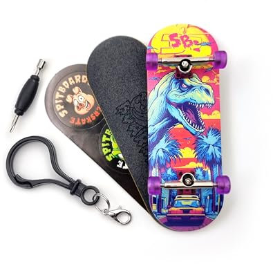 SPITBOARDS 32 x 96 mm Fingerboard Complete Wood Set-Up Assembled, 5-Layers, Silver Trucks with Bushings and Nuts, Transparent CNC Bearing Wheels, Lasered Pro Foam Grip Tape Sunset Raptor