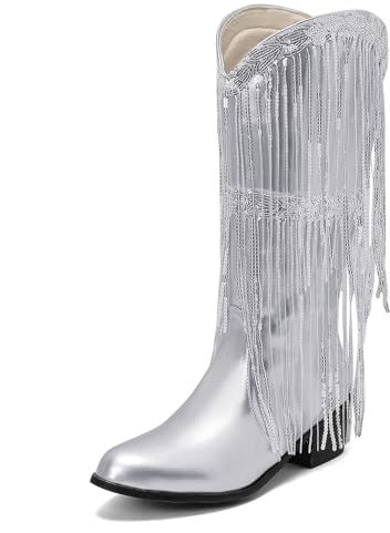 Diuniarza Donna Vernice Brillantini Stivali con Le Frange Moda Tacco a Blocco Mid Stivali Sparkly Appuntito Stivali Occidentali Festa Argento Numero 36 EU