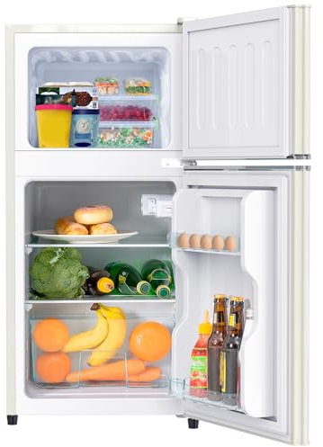 MISNODE Fridge-Freezer Combination, 86.8 x 45.5 x 42.5 cm, Double Door, 60L Total Volume, 22L Freezer, 38L Fridge, 102 kWh/Year, LED Light (White)