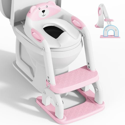 Sedile WC per bambini con scale, accessorio per WC aggiornato per bambini per ragazzi e ragazze, 2 in 1 con scale, regolabile in altezza, comodi sedili WC sicuri (rosa a tre scale)