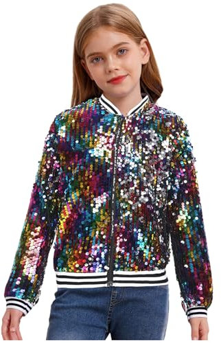 inhzoy Unisex Kinder Glänzende Pailletten Jacke Langarm Glitzer Bomberjacke Mit Reißverschluss Sport Freizeitjacke Streetdance Hip Hop Jacke Bun_A 122-128