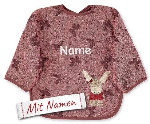 LALALO Sterntaler Lätzchen Esel Emmily mit Namen bestickt für Baby mit Ärmel, Ganzkörper Beikost Ärmellätzchen für Kinder