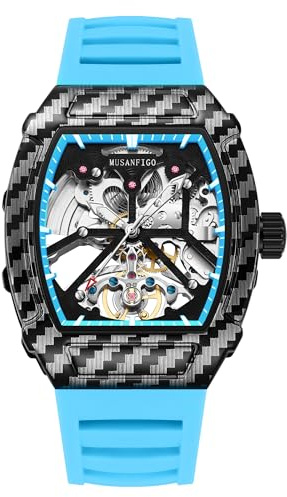 MUSANFIGO Hollowed Out Men's Fully Automatic Mechanical Watch, Wine Barrel Shaped Silicone Tape, Fashionable Men's Night Light Waterproof Trend Watch 6021A