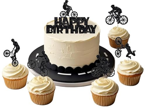 Bicycle Cake Decorations Happy Birthday, Cupcake Toppers, Black Bike Cupcake Topper for Sports Theme, Birthday Parties
