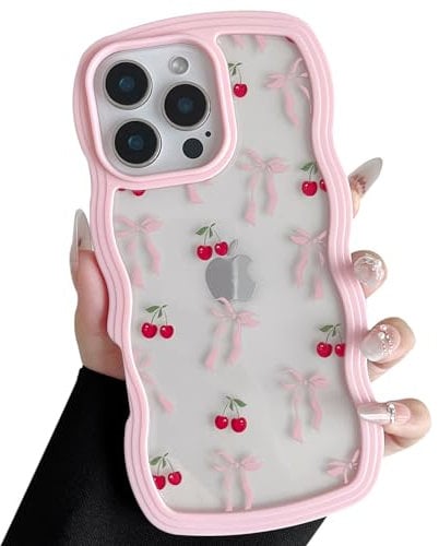 ZTOFERA Wavy Case for iPhone 14 Pro Max (6.7), Cute Clear Protective Case with Cherry Ribbon Pattern, Hard PC Colored Wave Frame Soft Silicone Bumper Shockproof Cover for Girls Women, Pink