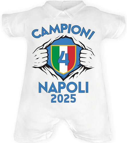 Corredino Neonato Abbigliamento Napoli calcio campione d'italia 2025 4° scudetto Personalizzato nome napoletano partenopeo gadget t-shirt maglietta body (Pagliaccetto, 6-9 mesi)