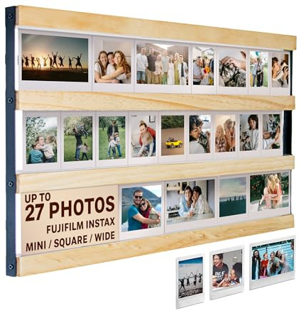 Tapeera Bilderrahmen Collage aus Holz für die Wand – Kompatibel mit Fujifilm Instax Mini Film – Für bis zu 27 Fotos – 3-stöckige Bilderleiste – NICHT geeignet für Polaroid i-Type oder 600