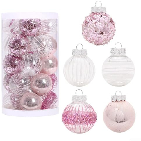 Honseadek Lot de 25 boules de Noël à suspendre pour sapin de Noël, 6 cm, couleurs assorties pour vacances, mariage, fête, décoration de jardin (rose)