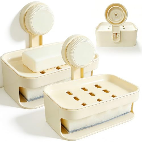 Porte Savon Mural Double Égouttage en PP, Pose Libre ou Fixation Murale | Lot de 2, avec Éponge Nettoyante Intégrée, Boite a Savon pour Rangement du Savon Dans Cuisine et Salle de Bains