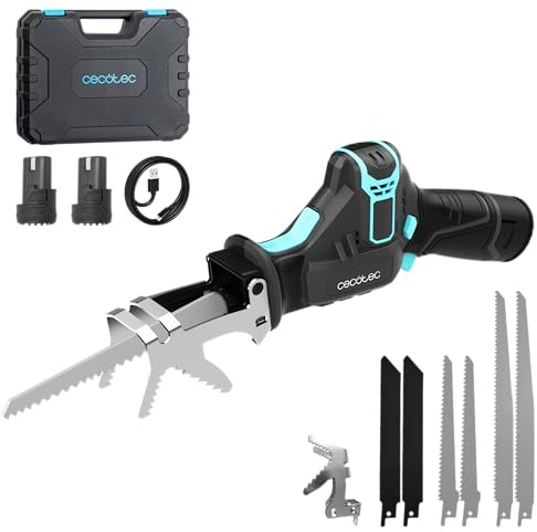 Cecotec Sega a Gattuccio a Batteria LongFlex 1200 Home&Garden. 550W, 2 Batterie 12V, Taglio 65mm, Corsa 20mm. Supporto per Rami, Cambio Lama Rapido, Kit 6 Lame (Legno/Metallo) e Valigetta