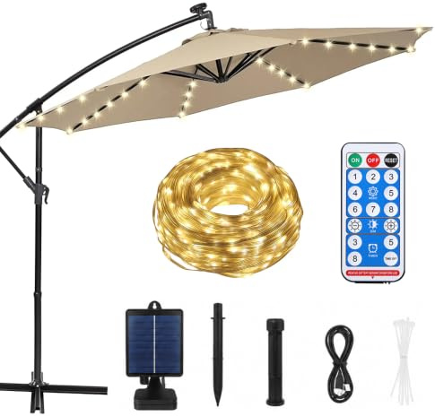 Udbrud Sonnenschirm Beleuchtung Solar, Solar LED Sonnenschirm Lichter 104 LEDs, Regenschirm Lichterkette mit Fernbedienung Wasserdichte Gartenleuchten für Sonnenschirmdekoration Camping Zelte Party