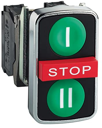 Schneider Electric Triple-headed push button, metal, Ø22, marked, 1 green flush I + 1 red projecting STOP + 1 green flush II, 2 NO + 1 NC