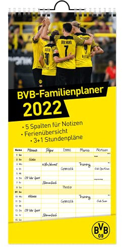 Borussia Dortmund Familienplaner 2022 - BVB - Bundesliga - Wandkalender mit Monatskalendarium, 5 Spalten, Schulferien und 4 Stundenplänen - 21 x 45 cm, Yellow
