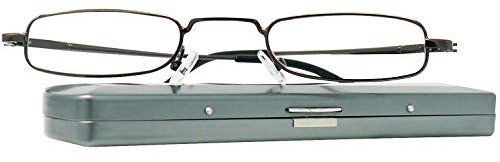 Schmale Metall Mini Lesebrille, Edelstahl Rahmen (Graphit), mit Gratis Slim-Fit Alu Etui, Lesehilfe Flach Damen und Herren +2.0 Dioptrien