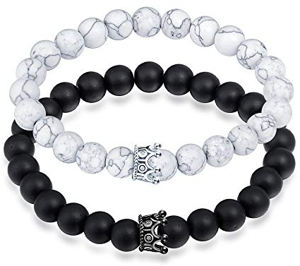 Feilok King & Queen Crown Freundschaft Partner Armband Armbänder 8mm Perlen Bangle Strech Armband Armkette BFF Ketten für 2 Damen Männer Silber