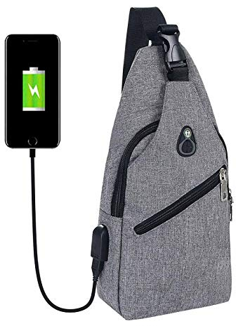 flintronic Brusttasche mit USB-Aufladung, Brusttasche Sling mit Verstellbarem, Rucksack Schultertasche für Männer (einschließlich 1 * USB-Kabel) - Grau