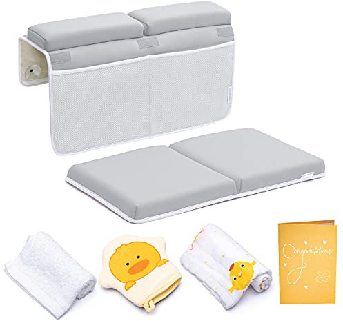 Bath Kneeler and Elbow Rest Pad, 1.75 inch Extra Thick Baby Bath Kneeling Pad and Elbow Pad for Bathtub. Bath Tub Elbow Pad with Infant Toy and Baby Accessories Organizer, Grey