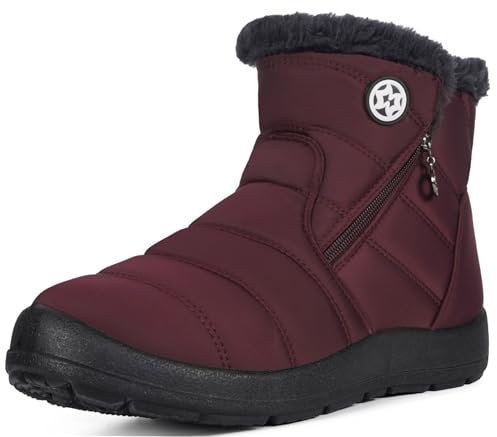 Eagsouni Winterstiefel Damen Winterschuhe Warm Plush Gefütterte Schneestiefel Winter Flach Kurzschaft Boots Outdoor Wasserdicht rutschfest Stiefel Schuhe, Wein Rot B, 36 EU