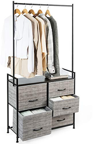 COSTWAY Clothes Hanging Rail, Coat Shoes Display Wardrobe Closet with Drawers, Home Bedroom Living Room Clothing Storage Organiser Stand Garment Rack (Light Grey, 5 Drawers)