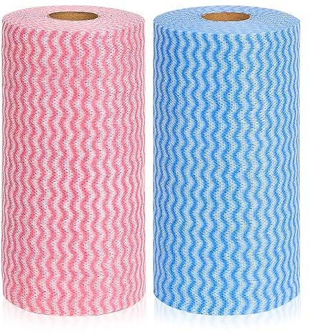 JEBBLAS J Cloths On a Roll Reusable Cleaning Cloth Dish Cloth Dish Towels All Purpose Cloths for Kitchen, Pack of 2 Roll, 200 Pcs Per Roll, Blue and Red