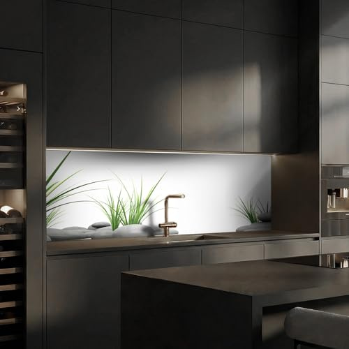 Dedeco Küchenrückwand mit Motiv: Zen V1, 280x60cm, Spritzschutz für Küchen, 3mm-Acrylglas – Glasoptik, fugenlos, hitzebeständig, leicht zu reinigen, ohne Bohren, wasserfest, Made in Germany