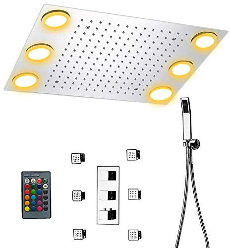 MTYLX Water-Tap Bath Shower Systems Ceiling Mounted Shower Set, Tatic Mixer, Bathroom Rainfall Shower Head,Remote Control Led Lights