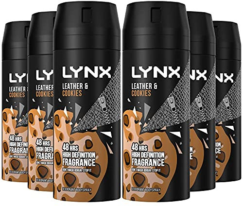 6 Pack of 150ml Lynx Leather & Cookies 48hrs High Definition Fragrance Deodorant Bodyspray