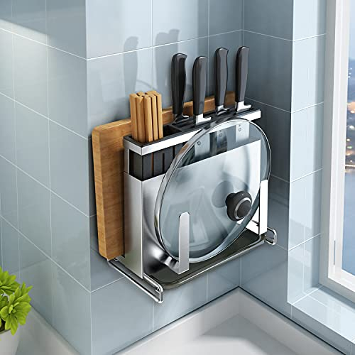 Momooda 4 en 1 Organisateurs de cuisine bloc couteaux cuisine vide 304 inox porte couteaux de table et mural adhesif 25x13.5x23cm