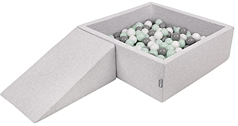 KiddyMoon Parque Infantil De Espuma con Cuadrada Piscina De Bolas (200 Bolas) para Niños, Gris Claro: Blanco/Gris/Menta