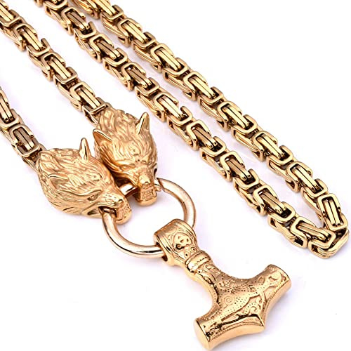 ZFSBRTL Herren Wikinger Halskette Thors Hammer Fenris Wolf Edelstahl Mjölnir Keltischer Knoten Anhänger Nodischer Schmuck Amulett, Gold Byzantinische Königskette,Gold,60cm
