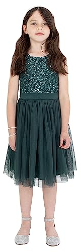 Maya Deluxe Girl's Midi Dress Sequins Embellished Party Tutu Bridesmaids Wedding with Belt Bow, Emerald Green, 7-8 Years (PL1-11-183)
