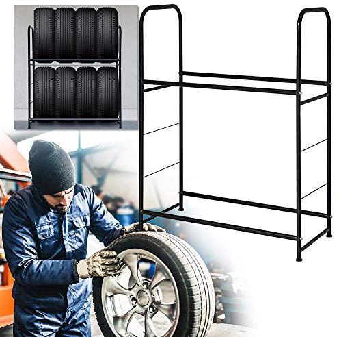 Aufun Reifenregal höhenverstellbar, Lagerregal, Felgenregal, 2-stöckiges verzinktes Metall Werkstattregal für 8 Reifen Schwarz，107x46x117cm
