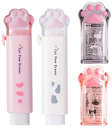 Kawaii Cat EraserPencil Sharpener Retractable Push Pull Design for Kids, Manual Rubber Aesthetic Student Home School Supplies