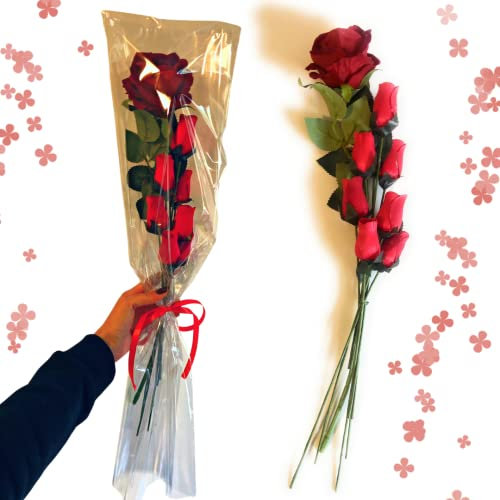 Regalo San Valentino e Festa della Donna 2025 Bouquet Rosa Rossa Di Velluto Gambo Lungo + 8 Boccioli Rossi - Composizione Come Dal Fiorista