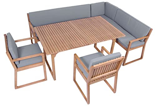 vanvilla Gartenmöbel Set Holz Sitzgruppe Gartenmöbelset Garnitur Terrasse Möbel Sitzgarnitur 1 Tisch 1 Eckbank 2 Sessel Auflage HELLGRAU