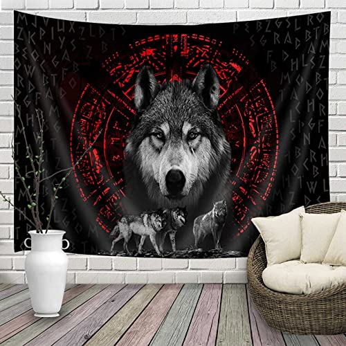 Lacoiime Wikingerwolf-Wandteppich, Motiv: Wildtiere, Wandbehang, coole Bokeh-Runen, antikes Rot, psychedelische Wanddekoration, Wandteppich, Poster, Decke, Studentenwohnheim, Schlafzimmer, Dekor (B 59